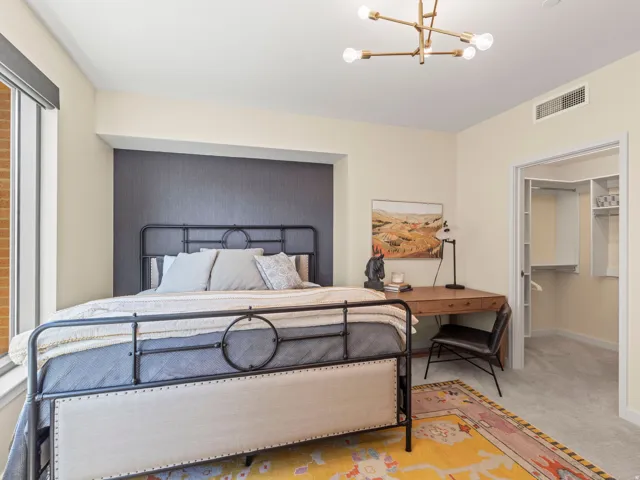 Large window, geometric ceiling light fixture, accent wall, built-in closet organization, carpeted flooring
