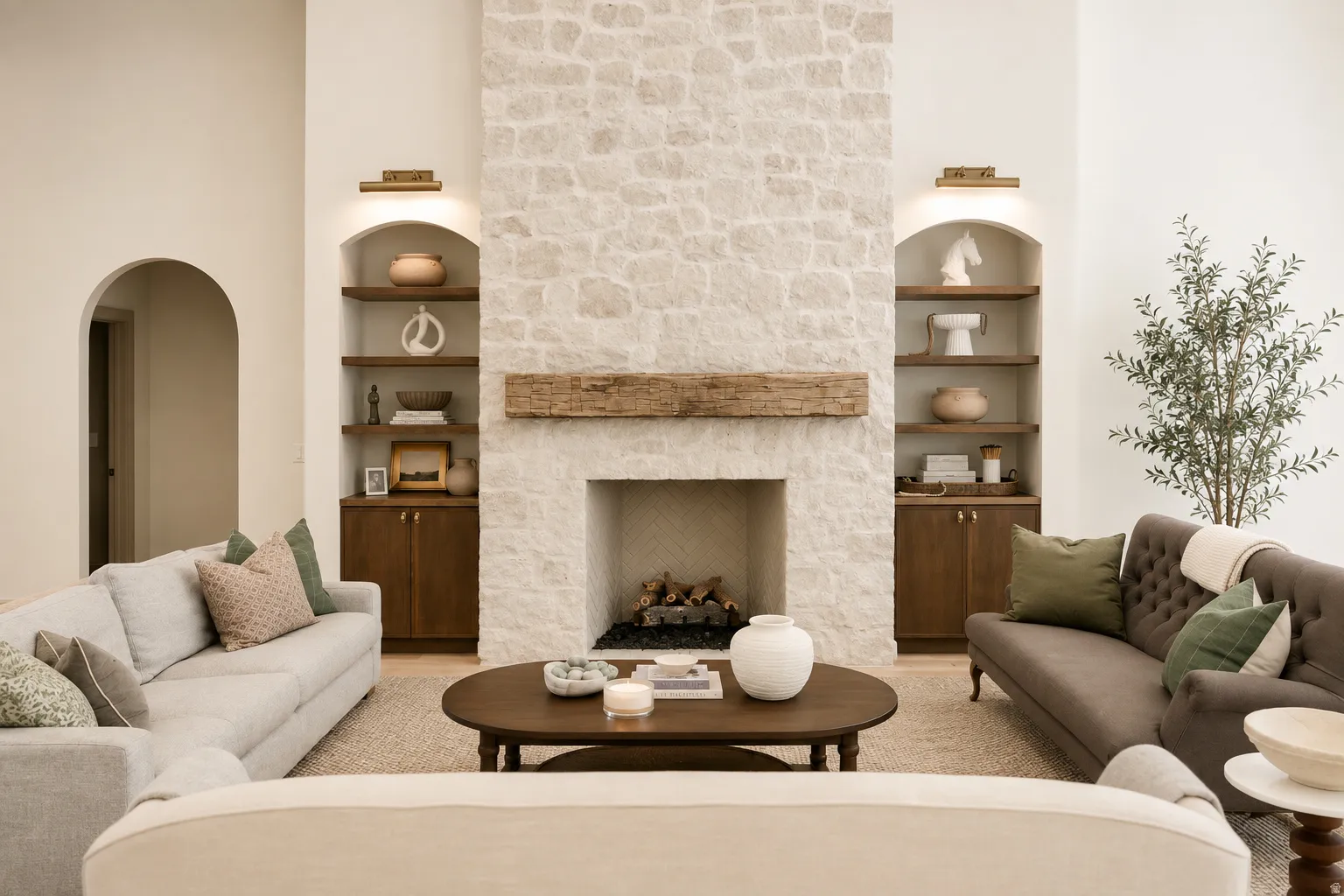 Stone-clad fireplace with a substantial wood mantel, flanked by built-in shelving and cabinetry, featuring recessed arched alcoves