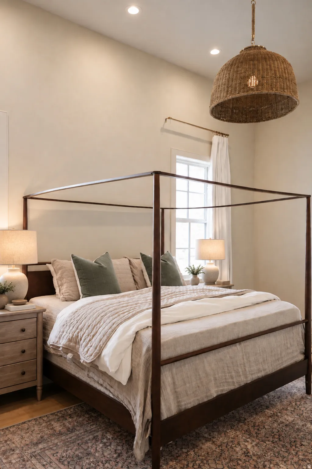 Recessed ceiling lighting, wood-finish flooring, and a large window providing natural light
