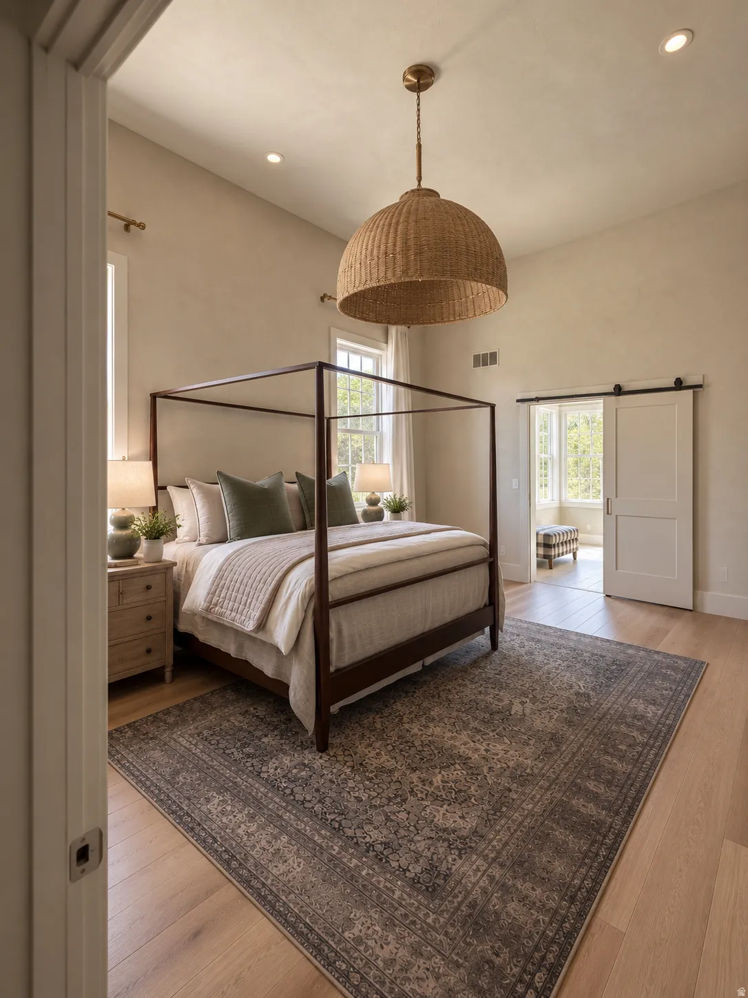Vaulted ceiling with recessed lighting, wood-finish flooring, and a barn door entry