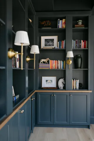 Custom built-in cabinetry with open shelving and lower storage
