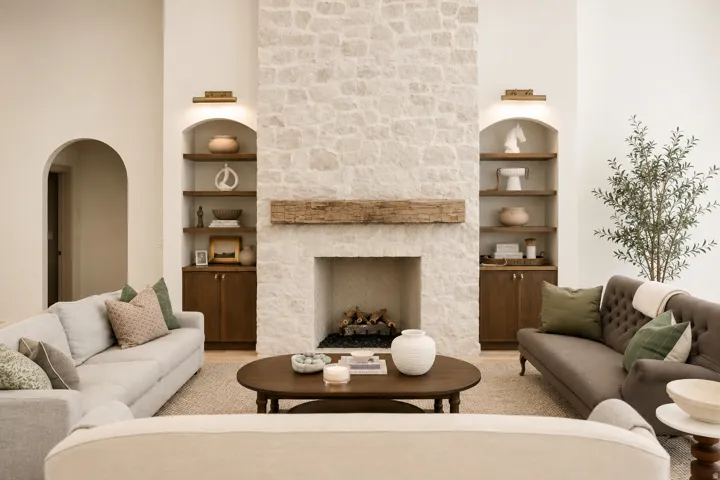 Stone-clad fireplace with a substantial wood mantel, flanked by built-in shelving and cabinetry, featuring recessed arched alcoves