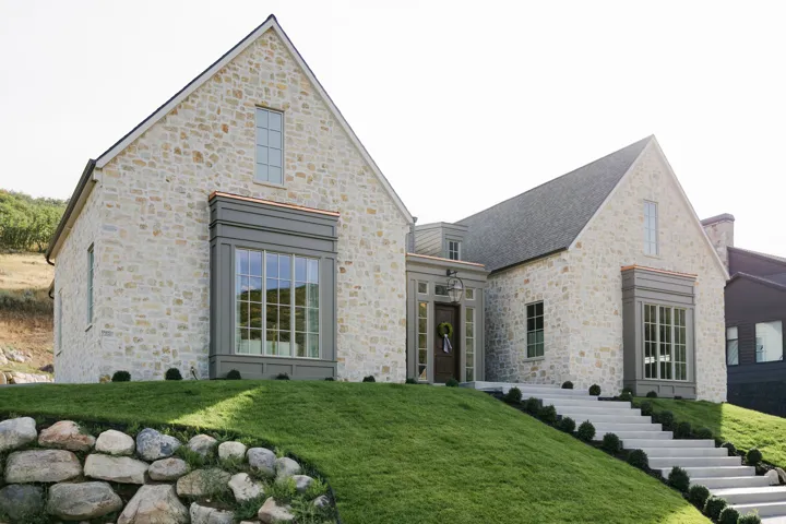 Stone exterior with gabled roof lines