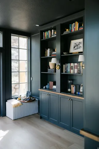 Built-in custom cabinetry with brass hardware, integrated shelving, and wood-finish flooring