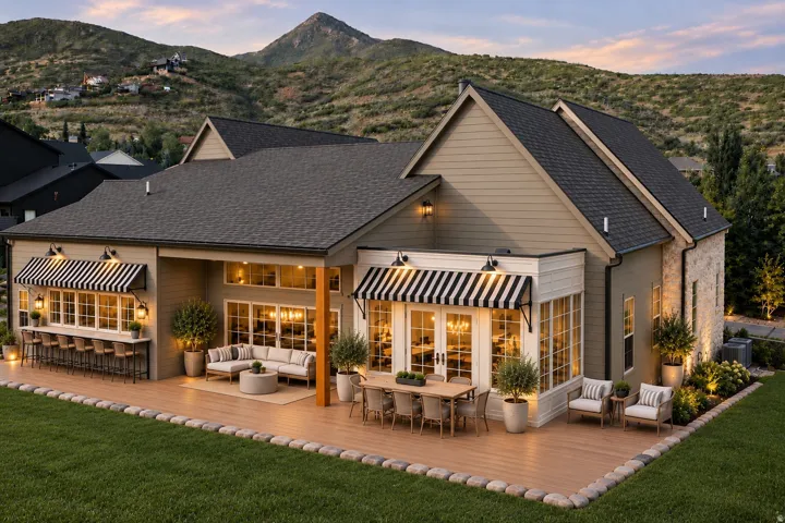 Expansive rear deck with integrated bar seating, multiple covered outdoor living areas, and direct access to interior spaces