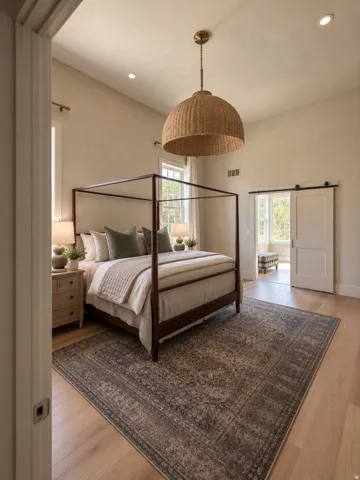 Vaulted ceiling with recessed lighting, wood-finish flooring, and a barn door entry