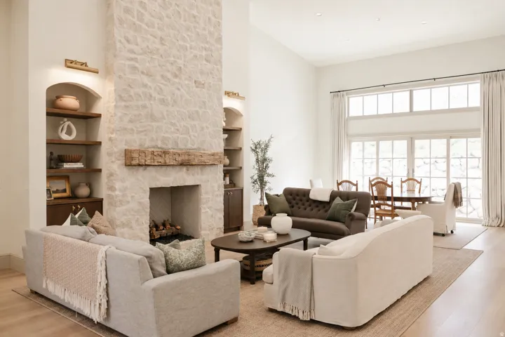 Stone-clad fireplace with a wood mantel, built-in arched shelving, and recessed lighting