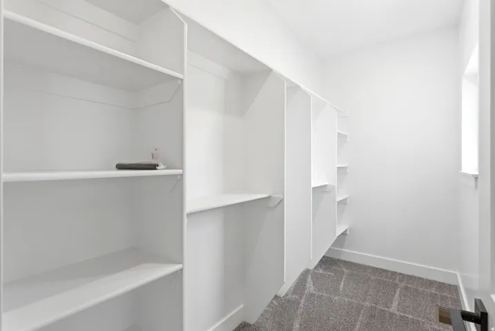 Built-in shelving, white walls, and gray carpeted flooring