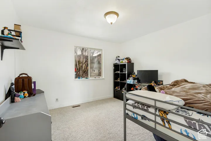 Neutral wall finishes with a single window, overhead lighting fixture, and carpeted flooring