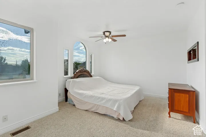 White wall finishes, textured carpeting, arched window, rectangular window, ceiling fan with light fixture