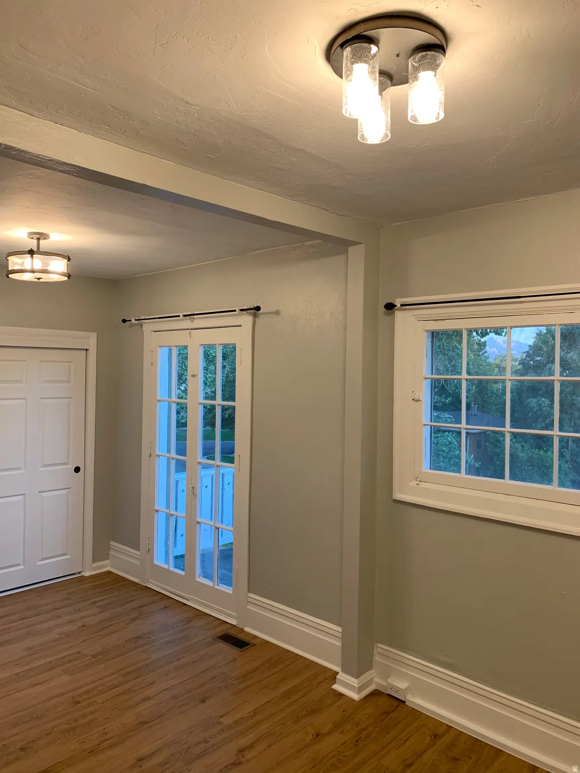 Wood-finish flooring, white window trim, white baseboards, and white paneled doors