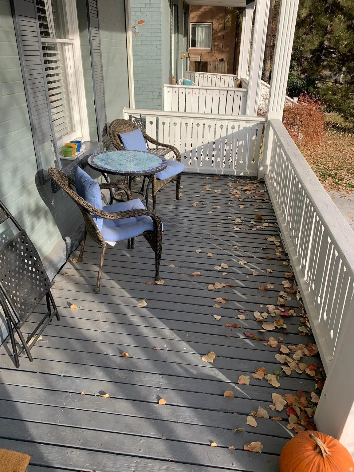 Expansive porch with painted wood flooring and decorative white railings