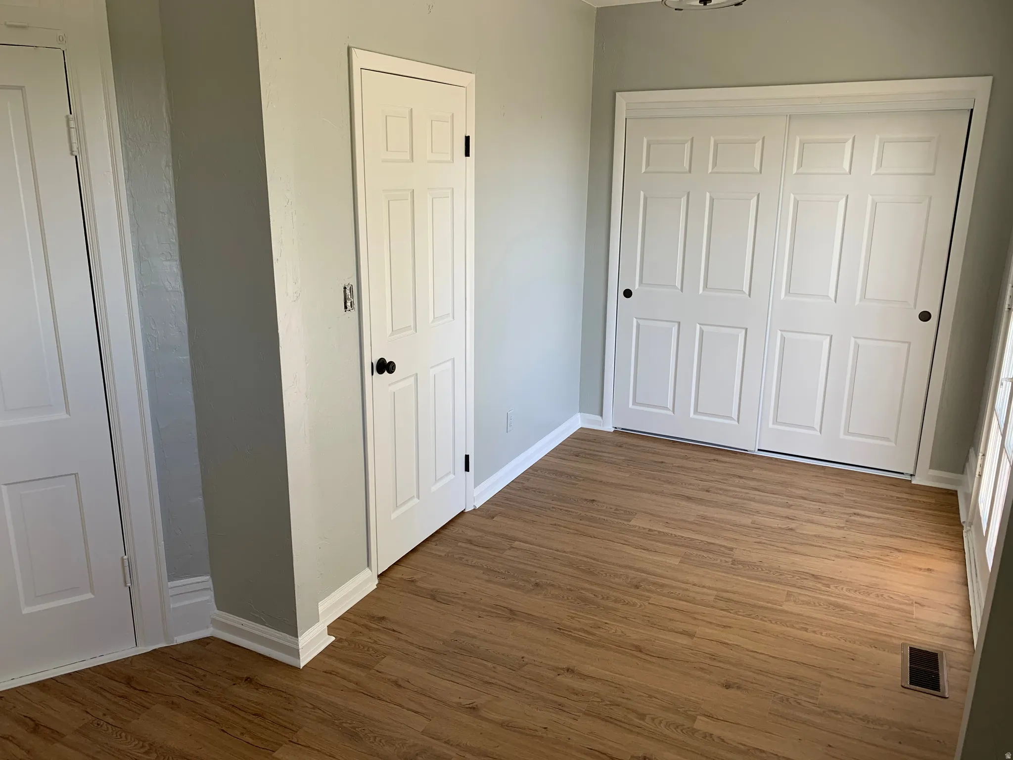 Wood-finish flooring, white panel doors, and a full-wall sliding panel closet