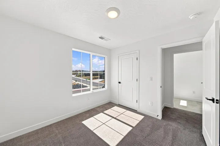 Recessed ceiling light fixture, white interior doors, matte black hardware, white trim, and gray carpeting