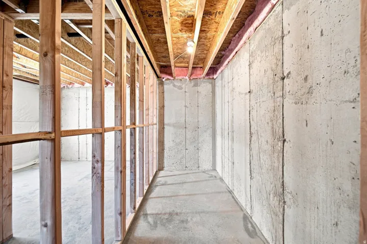 Unfinished basement featuring wood framing, concrete walls, and exposed ceiling joists