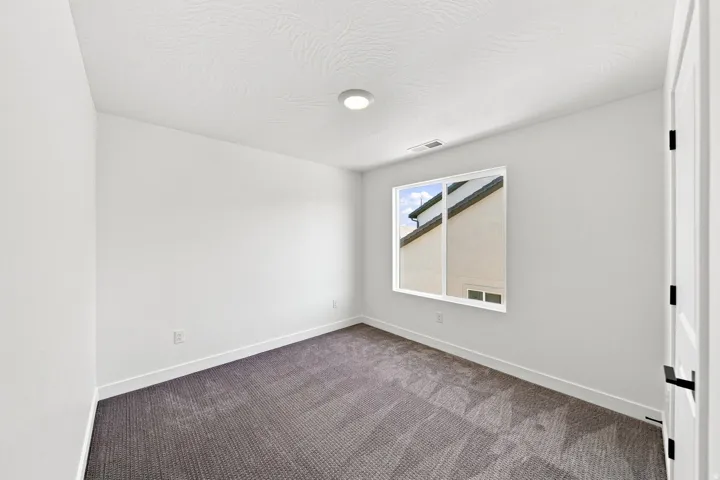 Neutral wall colors, textured carpeting, contemporary recessed lighting, and a paneled door with modern black hardware