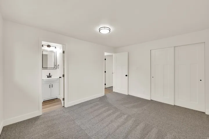 Plush gray carpeting with white walls, a modern ceiling light fixture, and white interior doors