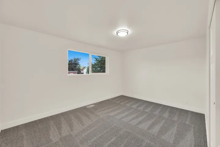 White walls, flush-mount ceiling light, and gray patterned carpet