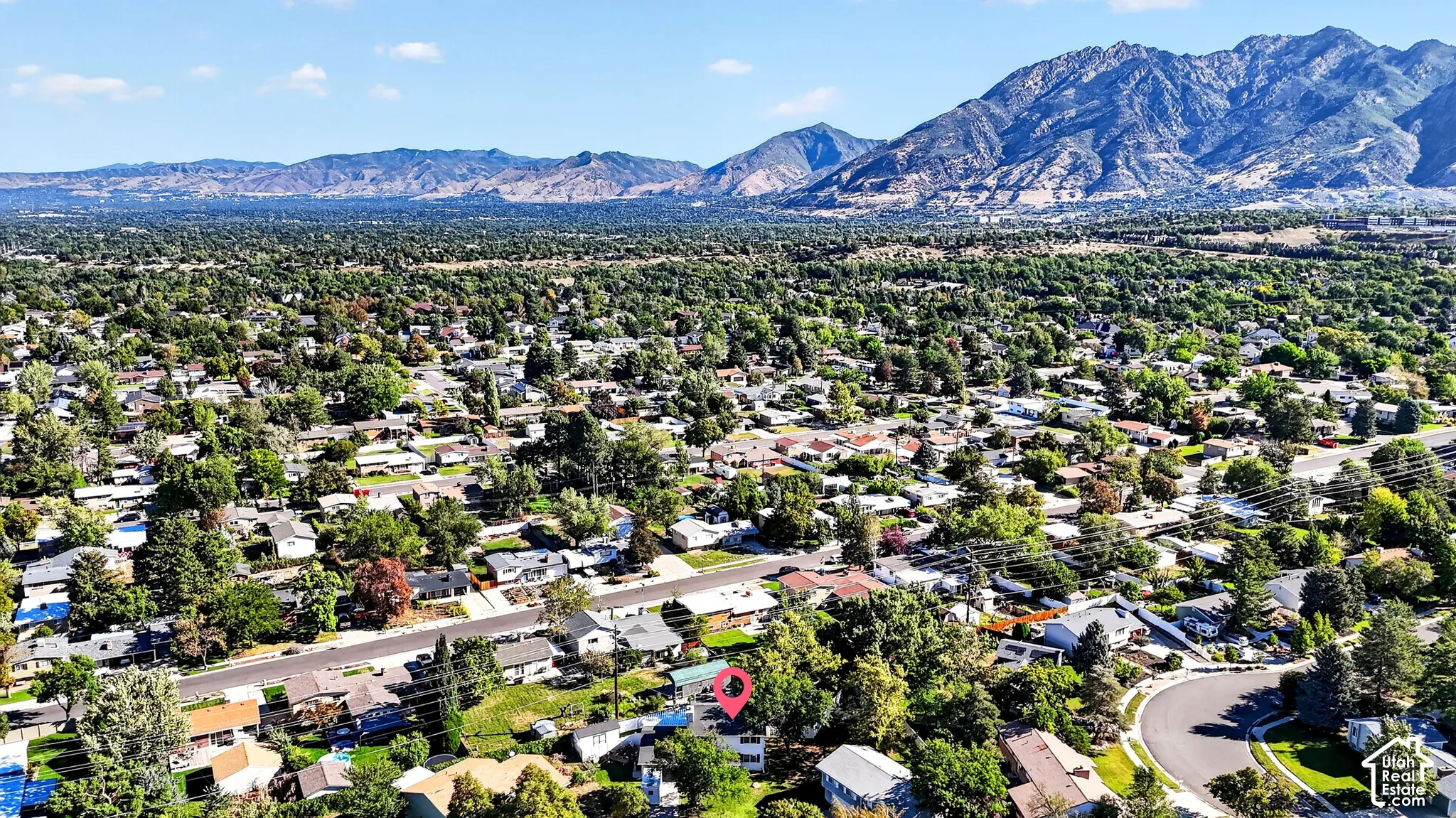 Residential neighborhood with mature trees and mountain backdrop