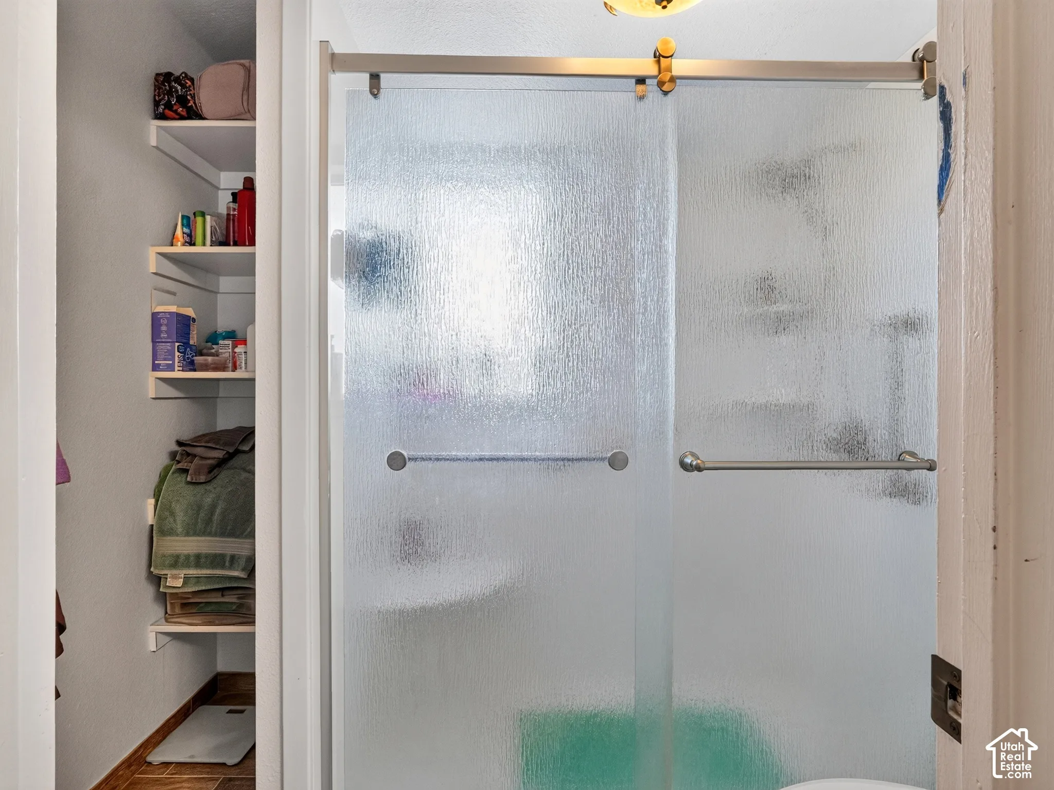 Frosted glass shower enclosure with brushed nickel hardware and a built-in linen closet with shelving