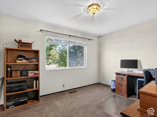 Built-in shelving unit, natural light from a large window, neutral wall tones, and carpeted flooring