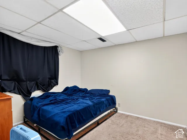Neutral wall tones with carpeted flooring and drop ceiling