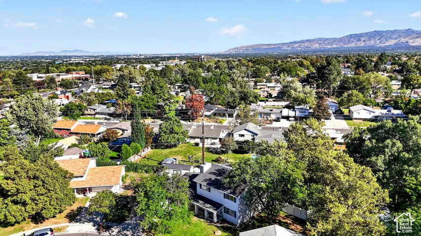 Residential neighborhood with mature trees and distant mountain range