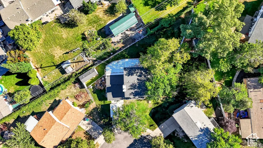 Expansive lot featuring mature trees, a detached storage shed, and a large lawn area