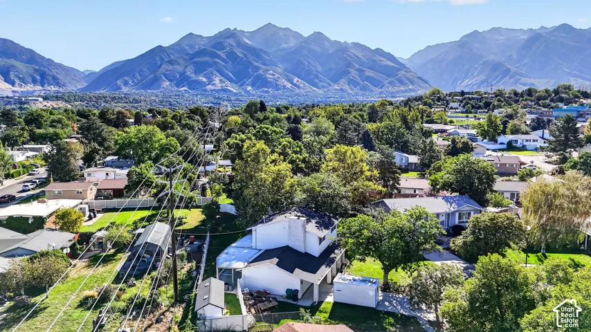 Residential neighborhood with mature trees and mountain scenery