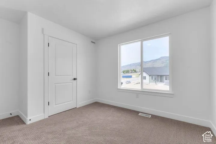Neutral wall color, broad window, two-panel interior door with dark hardware, and plush carpeting