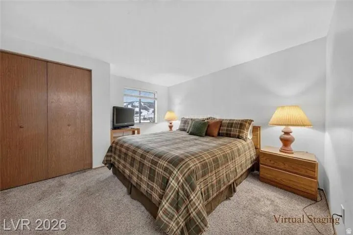 Wood-finish bi-fold closet doors, light-toned carpeting, and a window with mountain scenery