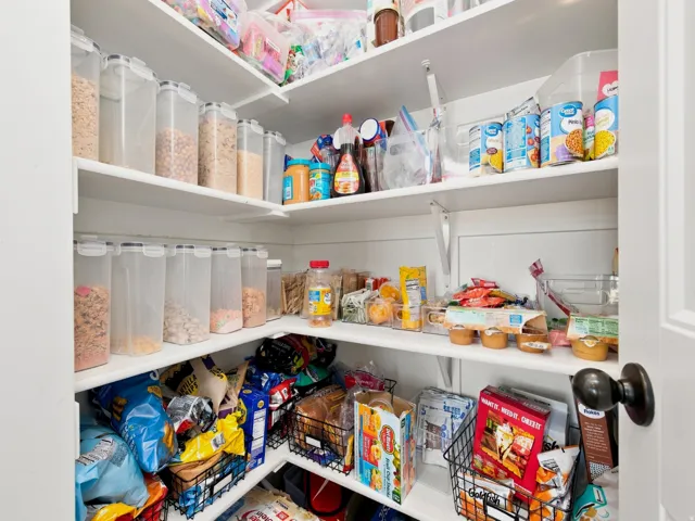 Walk-in pantry with multiple white shelves and a dark bronze door knob