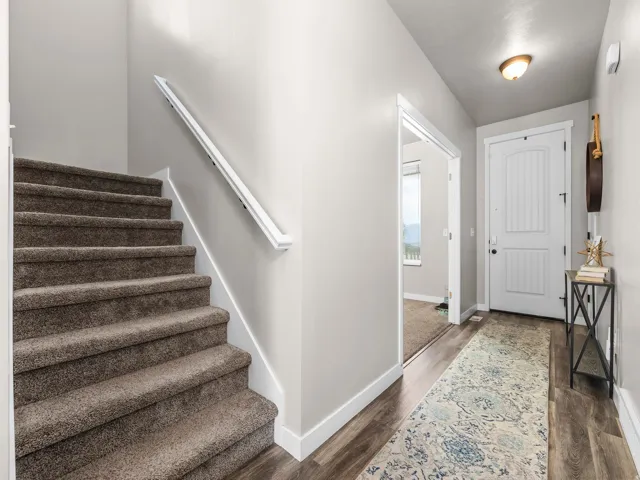 Carpeted staircase with white handrail, wood-finish flooring, and a paneled entry door