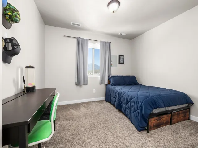 Bright bedroom featuring carpeted flooring, a large window with gray curtains framing natural light, and a desk workspace with built-in task lighting