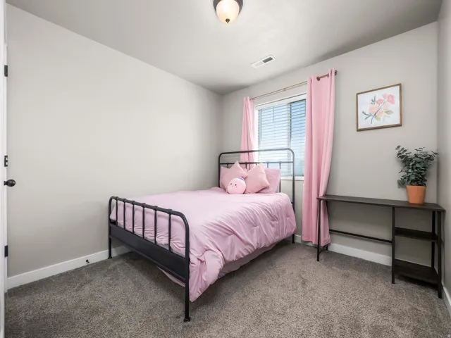 Carpeted flooring, neutral wall paint, window with blinds, and ceiling-mounted light fixture