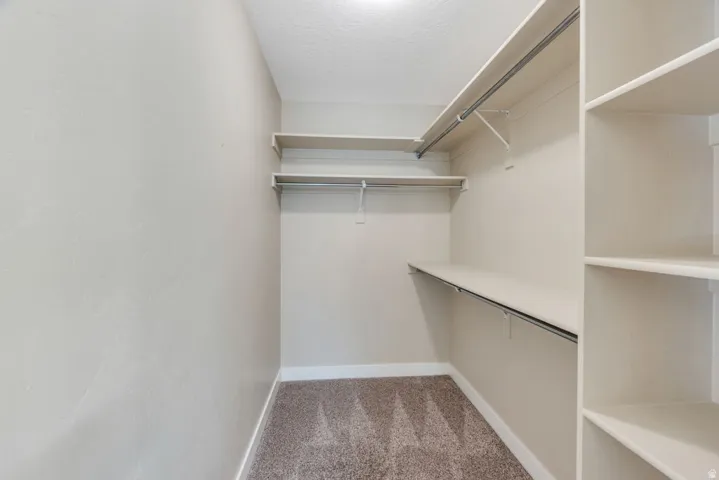 Spacious walk-in closet with carpet flooring, built-in shelving, and multiple hanging rods