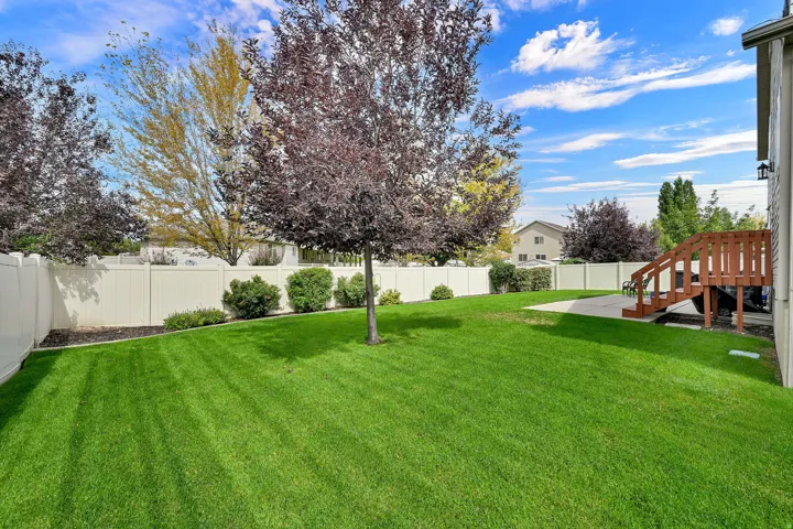 Expansive rear yard with a manicured lawn, established landscaping, and a privacy fence