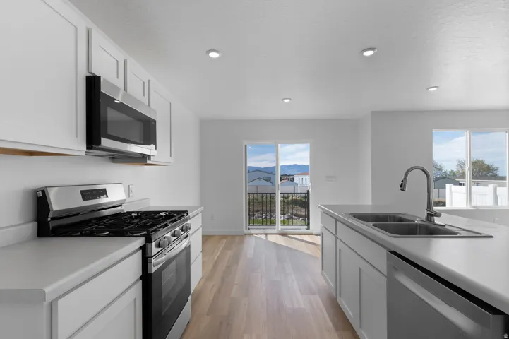 Modern kitchen featuring white cabinetry, stainless steel appliances, wood-finish flooring, recessed lighting, and a double basin sink with a gooseneck faucet