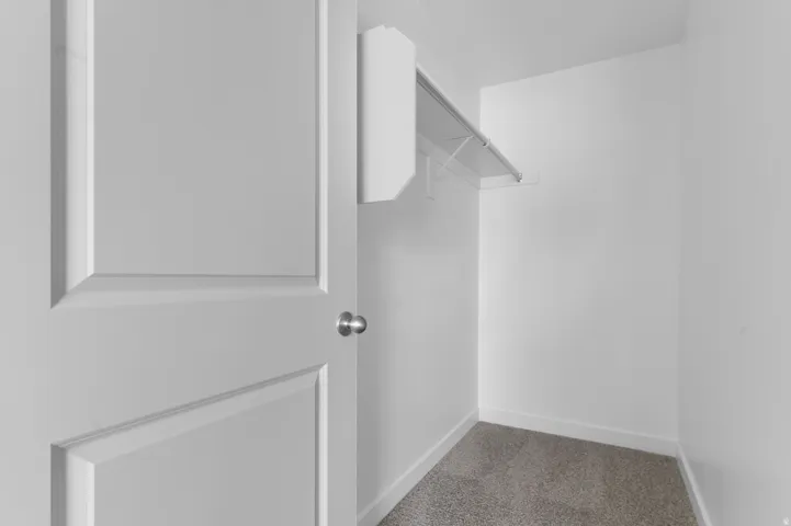 White paneled door with a brushed nickel knob, white walls, gray carpet, and a built-in wire shelf with hanging rod