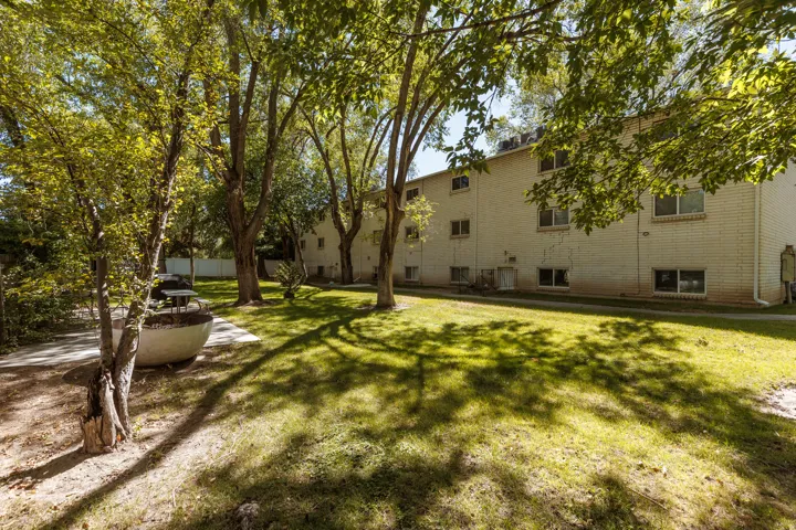Expansive grassy outdoor area with mature trees, a concrete patio, and a brick-facade building with multiple windows