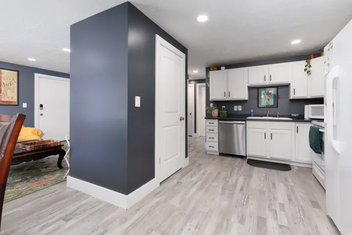 Kitchen featuring white cabinetry, stainless steel dishwasher, dark countertops, and wood-finish flooring. Large pantry