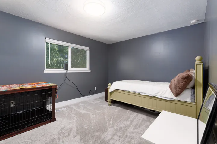 Neutral gray wall paint, light-colored carpeting, and a window with blinds