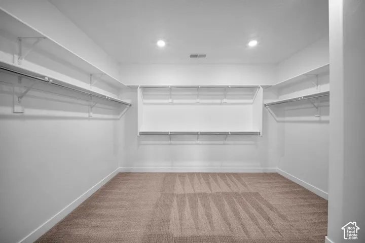 Spacious walk-in closet with extensive shelving and hanging rods, recessed lighting, and soft carpeting