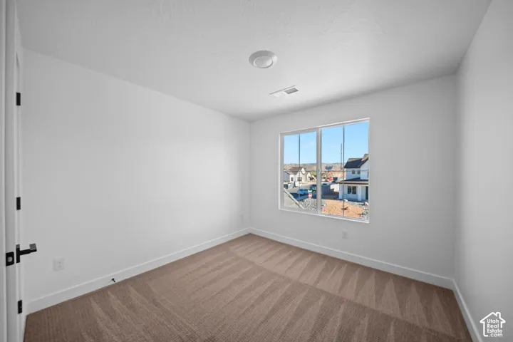 Neutral white wall finishes, brown patterned carpeting, white window frames, modern black door hardware, and a ceiling-mounted light fixture