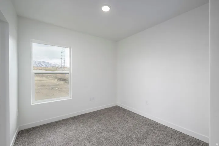 Neutral white wall finish, recessed ceiling lighting, single window, and carpet flooring