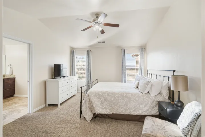 Tray ceiling with a ceiling fan, carpeted flooring, and a large window with blinds