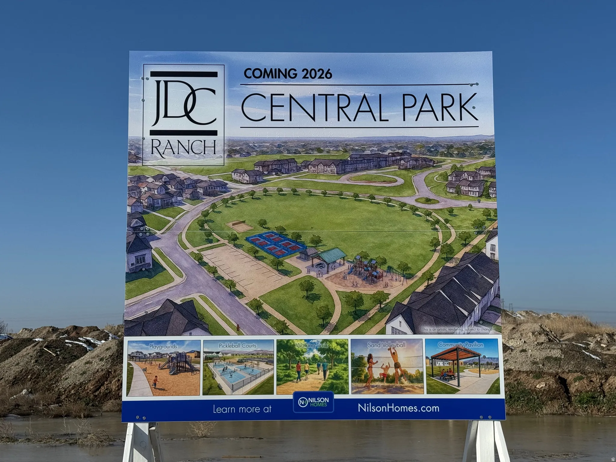 Real Estate Development Signage. Displaying a conceptual rendering of the JDC Ranch Central Park development with anticipated completion in 2026