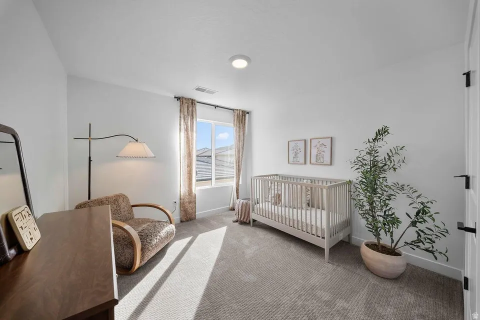 Carpeted room featuring a window with patterned drapes, a ceiling-mounted light fixture, and a white paneled door with matte black hardware