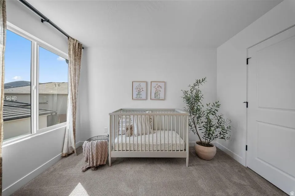Neutral wall paint, carpet flooring, a large window, and a paneled door with dark hardware