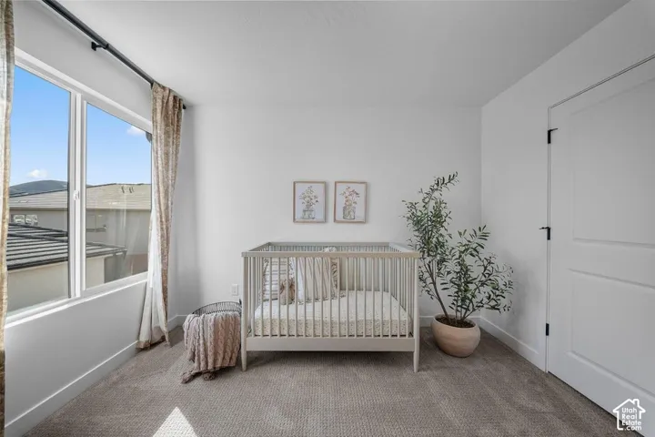Neutral wall paint, carpet flooring, a large window, and a paneled door with dark hardware